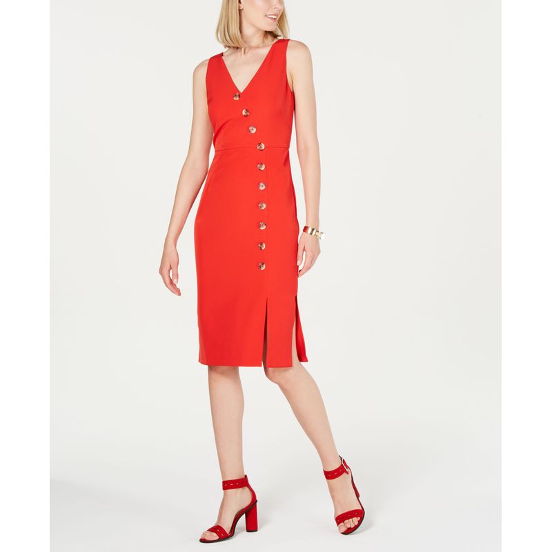 Vince Camuto Womens Embellished Bodycon Asymmetrical Button-Through V-Neck Dress